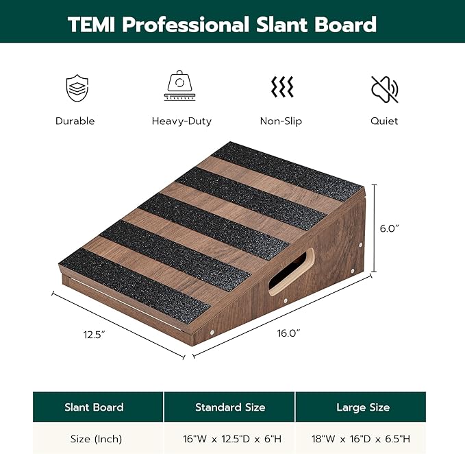 TEMI Calf Stretcher Slant Board - Professional Incline Boards for Calf Stretching Heavy Duty, Adjustable Wooden Stretch Wedge Board for Foot Ankle and Calf Stretching Exercise Teak Finished