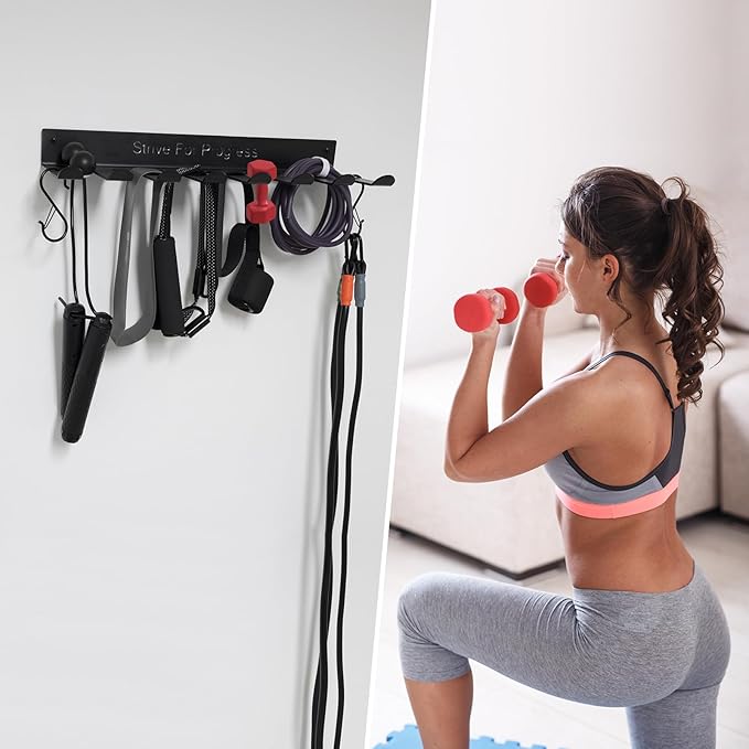 Gym Rack Organizer with 8 Hooks, 3mm Thickness Home Gym Equipment Multi-Purpose Workout Gear Wall Rack Hanger Storage for Barbells, Jump Ropes, Chains, Lifting Belts Resistance Bands