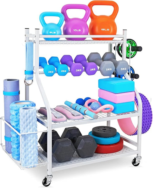 Dumbbell Rack, Yoga Mat Storage Rack - Weight Rack for Dumbbells, Home Gym Storage Rack for Yoga Mat, Dumbbells and Kettlebells, All in One Workout Equipment Storage with Caster Wheels