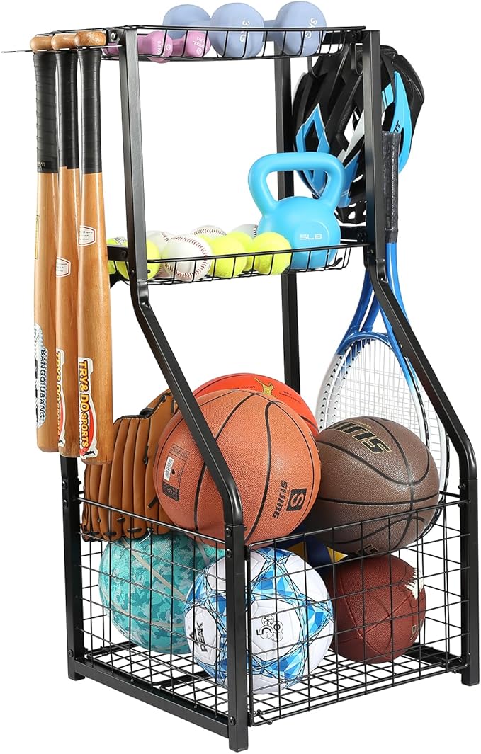 YueTong Sports Equipment Organizer for Garage Organization,Ball Storage With Basketball Holder and Ball Cart Rack,Outdoor Toy Storage with Bin for Nerf Gun,Football,Volleyball Stuf,Gym Accessories