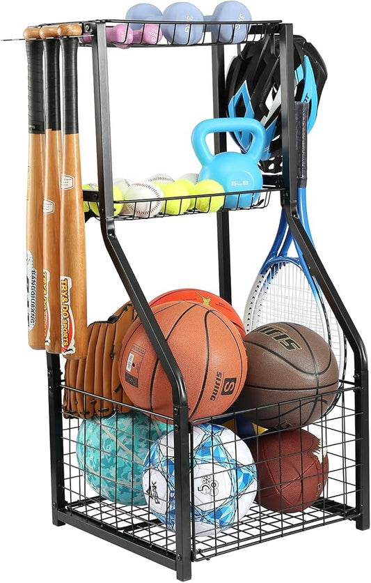 YueTong Sports Equipment Organizer for Garage Organization,Ball Storage With Basketball Holder and Ball Cart Rack,Outdoor Toy Storage with Bin for Nerf Gun,Football,Volleyball Stuf,Gym Accessories