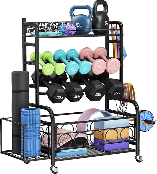 Weight Rack for Dumbbells, Dumbbell Rack Weight Stand, VOPEAK Home Gym Storage Rack for Yoga Mat Kettlebells and Strength Training Equipment, Weight Storage Holder Rack for Dumbbells with Wheels