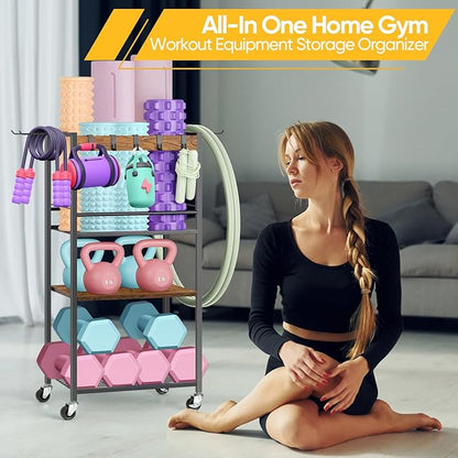 Home Gym Storage Rack, Heavy Duty Yoga Mat Holder Workout Equipment Storage Organizer Weight Rack with Hooks & Wheels for Dumbbells Kettlebells Dumbbell Yoga Block Foam Rollers Yoga Strap Resistance Bands, Fitness Exercise Equipment