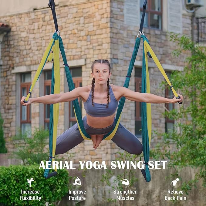 Aerial Yoga Flying Yoga Swing Set Yoga Hammock Sling Inversion Tool Aerial Pilates Silk for Gym Home Fitness (with Ceiling Mount Accessories)