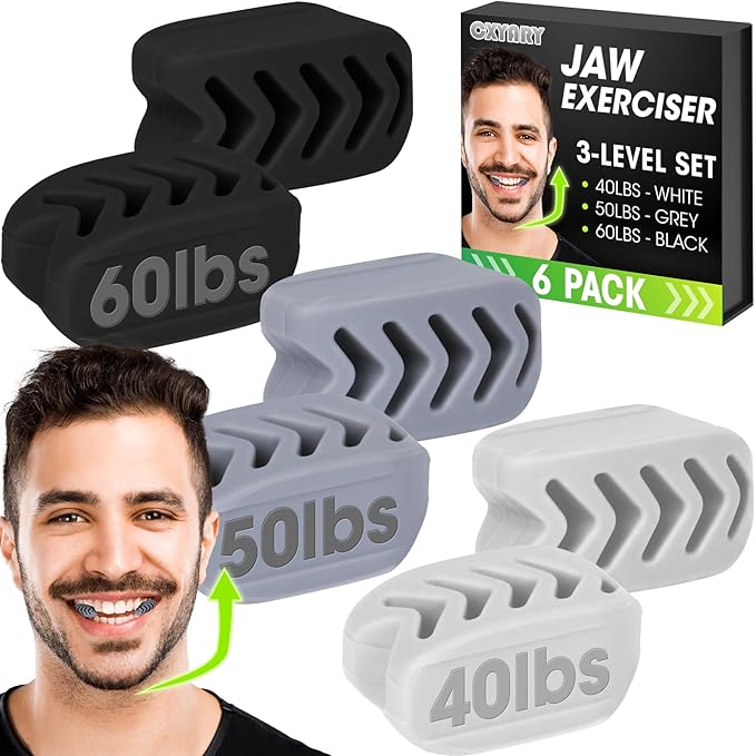 CXYARY 2024 Upgraded Model 6PCS Jaw Exerciser for Men & Women, 3 Resistance Levels, Silicone Jawline Exerciser, Jaw Trainer Strengthener, White+Grey+Black(U.S. Patent in Application Process)