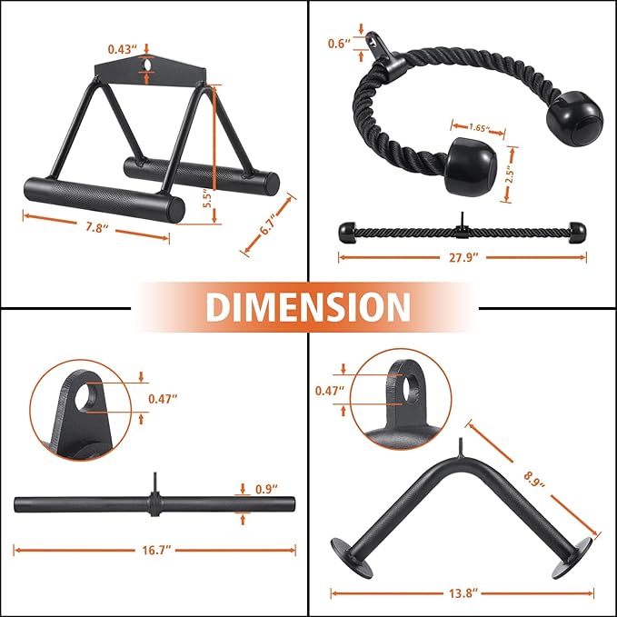 Workout Cable Machine Attachment for Home Gym, LAT Pulldown Attachments, Cable Accessories for Weight Training, Straight Pull Down Bar, Tricep Rope, Double D Row Handle, V-Shaped Bar