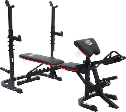 Signature Fitness Multifunctional Workout Station Adjustable Workout Bench with Squat Rack, Leg Extension, Preacher Curl, and Weight Storage, 800-Pound Capacity