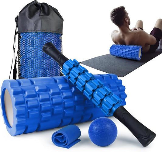 5 in 1 Foam Roller Set for Deep Tissue Muscle Massage, Trigger Point Fitness Exercise Foam Roller, Massage Roller, Massage Ball, Stretching Strap, for Whole Body (Blue)