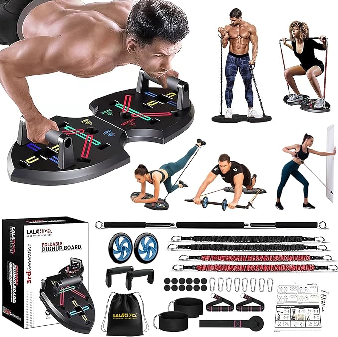 LALAHIGH Portable Home Gym System for Men and Women:Push Up Board, Pilates Bar & 20 Fitness Accessories with Resistance Bands and Ab Roller Wheel-Professional Strength Training Exercise