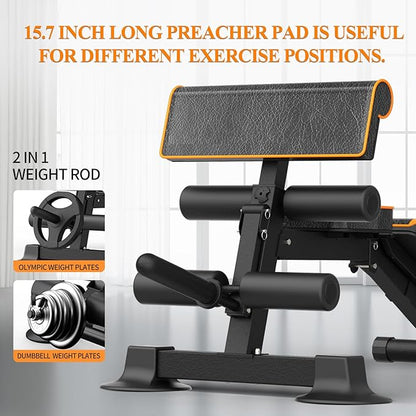 Adjustable Weight Bench, Multi-function Preacher Curl Bench for Home Gym, Foldable Leg Extension and Leg Curl Machine, weight capacity 660LBS.