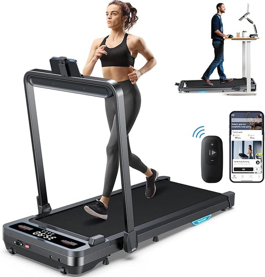 Under Desk Walking Pad Treadmill: [Voice Control] 2 in 1 Incline Folding Treadmill Works with KINOMAP WELLFIT APP for Home Office - 2.5HP Quiet Treadmills with 300Lbs Capacity