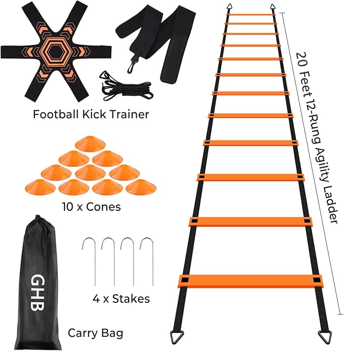 GHB Pro Agility Ladder Soccer Kick Trainer Set 20ft 12 Rung10 Cones and 4 Stakes Speed Agility Football Training Equipment with Carrying Bag