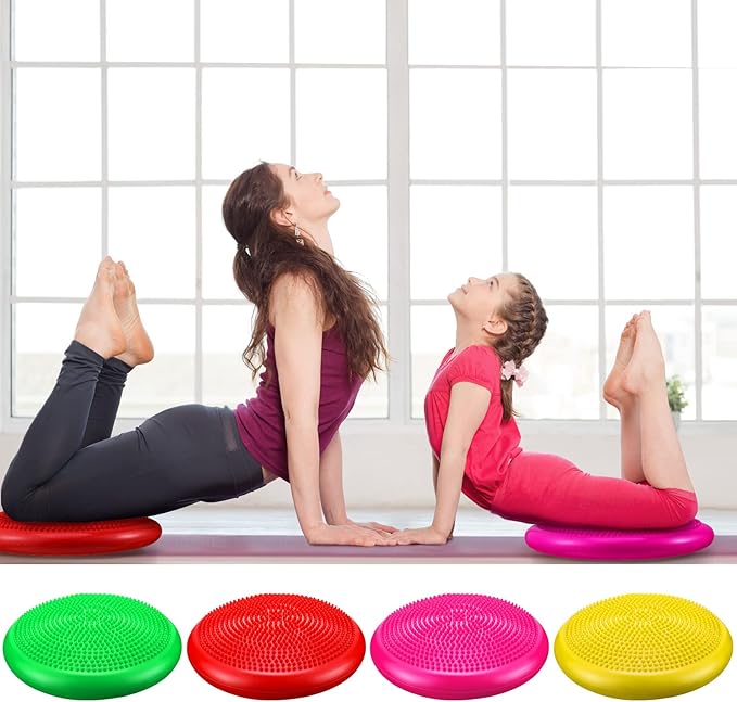 Sotiff 4 Pcs Inflated Wobble Cushion Flexible Wiggle Seat 14” L x 3.2” H Stability Balance Disc with Pump for Sensory Kids Adult Physical Exercise Equipment