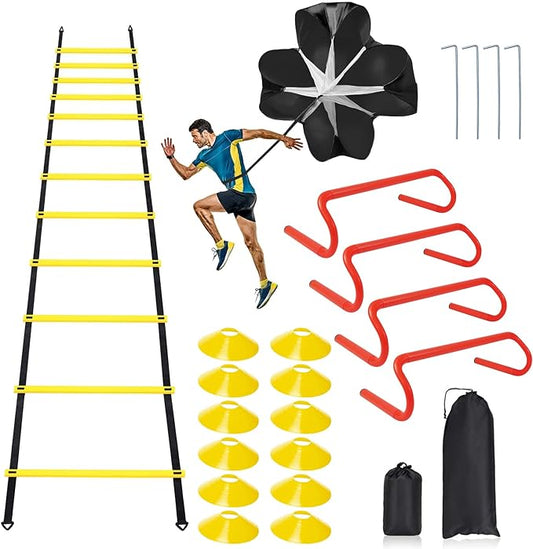 Speed & Agility Ladder Training Equipment Set 12 Rung 20ft Agility 4 Agility Hurdles,12 Disc 1 Resistance