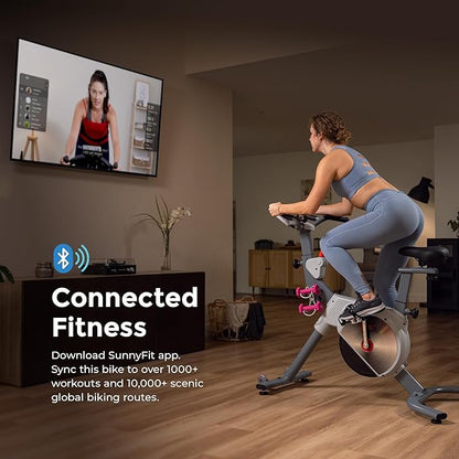 Sunny Health & Fitness Indoor Stationary Cycling Exercise Bike for Home Cardio Workout, 4-Way Adjustable & Cushioned Seat, Optional Magnetic Resistance & Exclusive SunnyFit App Enhanced Bluetooth Link