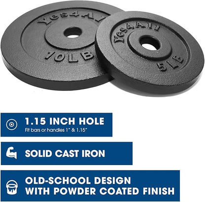 Yes4All 1.15 Inch Cast Iron Weight Plate - Ideal for Dumbbell Handle, Strength Training & Weightlifting (Set)