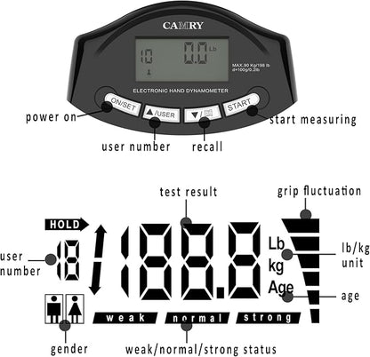 CAMRY Digital Hand Dynamometer Grip Strength Measurement Meter 198Lbs / 90Kgs Auto Capturing Electronic Hand Grip Power