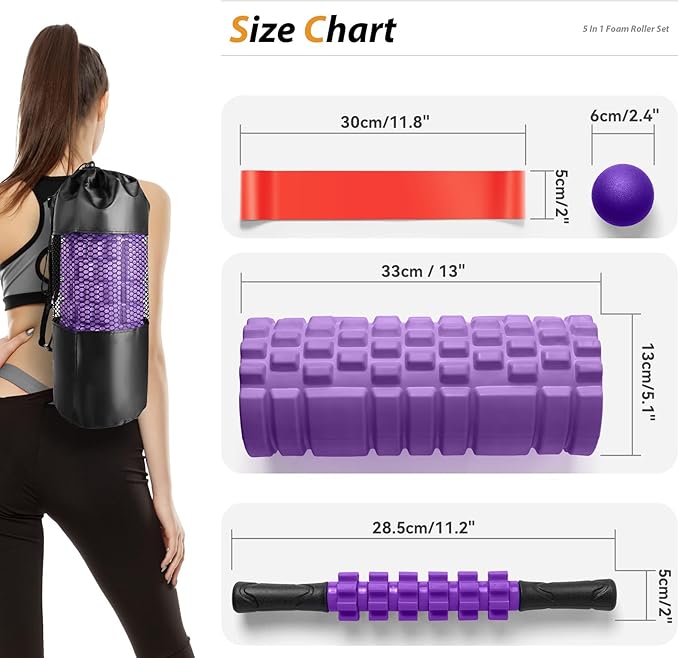 SUBCULTUREPICK5 in 1 Foam Roller Set for Deep Tissue Muscle Massage, Trigger Point Fitness Patented Exercise Foam Roller, Massage Roller, Massage Ball, Stretching Strap, for Whole Body (Purple)