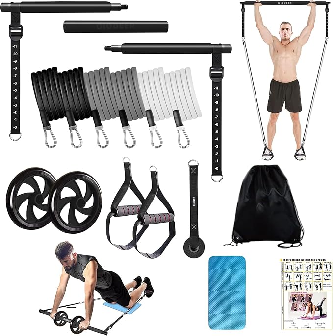 Pilates Bar Kit with Resistance Bands for Working Out, Pilates Equipment with Ab Roller for All Fitness Levels, Portable Home Gym Full Body Workout Equipment for Women&Men