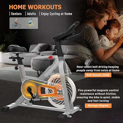 Exercise Bike, Adjustment Magnetic Resistance, Super Silent Belt Drive Indoor Bike for Home Workout, Stationary Bike with 350LBS Weight Capacity, Comfortable Seat Cushion, LCD Monitor