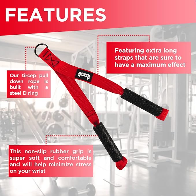 DUMBBELL Triceps Rope Cable Attachment Triceps Pull Down Rope for Gym & Home Durable Sturdy & Safe Triceps Rope for Working Out Ergonomic Non Slip Rubber Grip Triceps Rope with Handles (Red 19in)