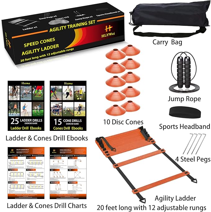 Speed Agility Training Set, includes 1 Agility Ladder, 4 Steel Stakes, 1 Sports Headband,1 Jump Rope, 10 Disc Cones and Gym Carry Bag - Speed Training Equipment for Soccer Football Basketball