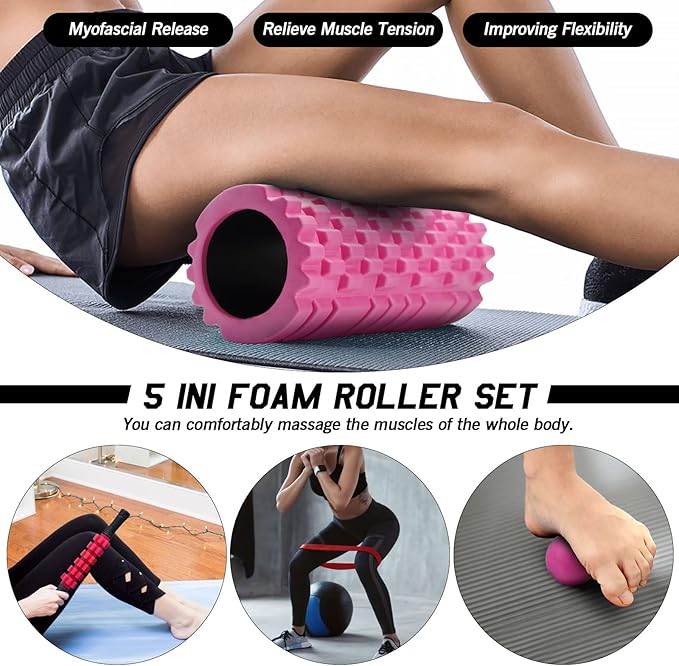 5 in 1 Foam Roller Set, Trigger Point Foam Roller Patented, Massage Stick, Massage Ball, Resistance Band for Deep Muscle Massage Pilates Yoga, Fitness Exercise for Whole Body