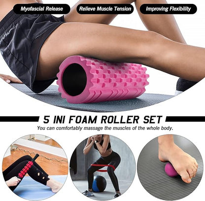 5 in 1 Foam Roller Set, Trigger Point Foam Roller Patented, Massage Stick, Massage Ball, Resistance Band for Deep Muscle Massage Pilates Yoga, Fitness Exercise for Whole Body