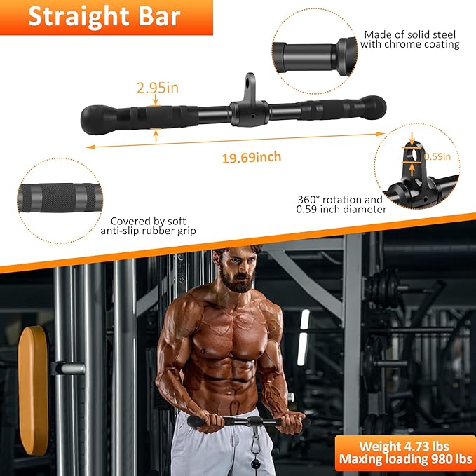 LAT Pulldown Bar Attachments, Cable Machine Accessories for Home Gym, Triceps Rope Pull Down Equipment Weight Fitness & Power Exercise Set for Arm Strength Workout Training