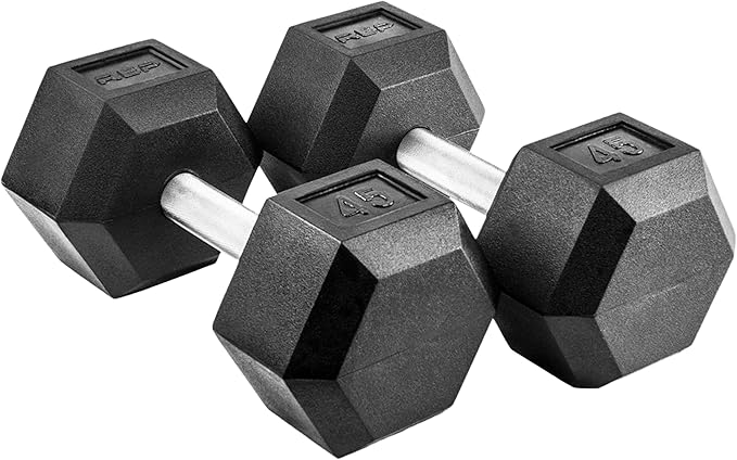 Rep Fitness Rubber Hex Dumbbell(s) - Singles (55LB +) and Pairs (5LB - 50LB) - Low Odor, Fully Knurled Handle