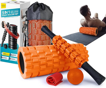 5 in 1 Foam Roller Set for Deep Tissue Muscle Massage, Trigger Point Fitness Exercise Foam Roller, Massage Roller, Massage Ball, Stretching Strap, for Whole Body (Orange Black)