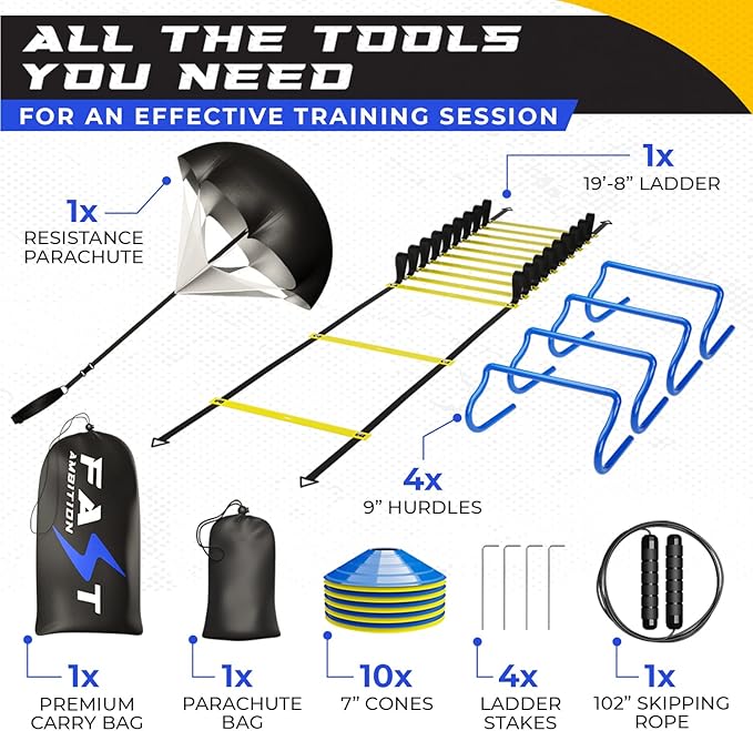 Speed & Agility Training Set - Agility Ladder, Cones Hurdle Set, Parachute for Speed Training, Basketball Training Equipment, Soccer Training Equipment, Agility Training Equipment, Resistance Bands