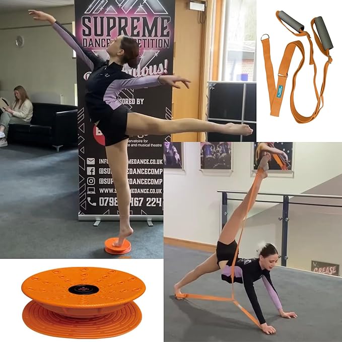 Dance, Cheerleading and Figureskating Trainer Stretching and Balance, 2 Pc. Set, Stretching, Disc Core Board and Flexibility Equipment Strap for Dance, Gymnastics, Turning, Stunt