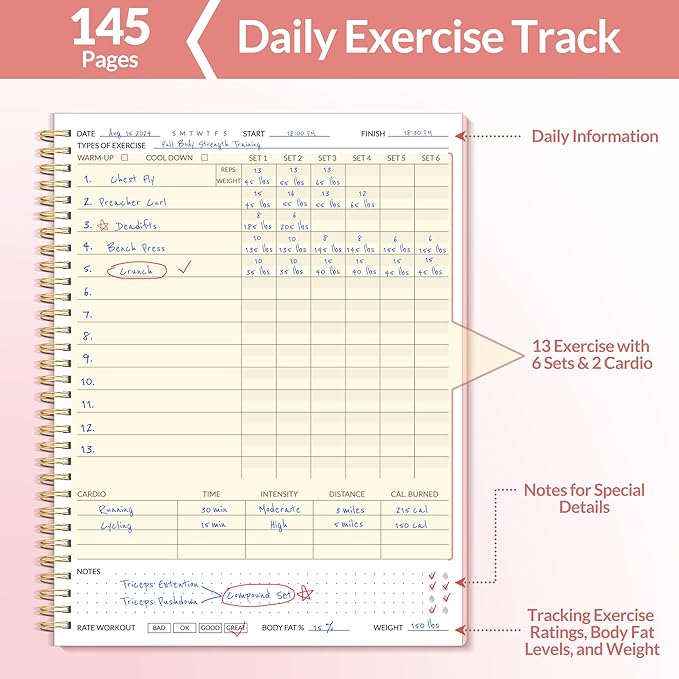 Fitness Journal Workout Planner for Men & Women, A4(8.5" x 11") Workout Journal Log Book Planner for Track Gym Essentials, Home Workouts, Track Progress, Achieve Goals, Pink