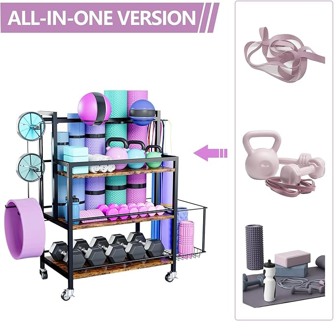 Home Gym Storage, 4 Tier Large Capacity Rack for Dumbbells Kettlebells Foam Roller, Yoga Mat Strap and Resistance Bands, Exercise/Workout Equipment Storage Gym Organizer With Hooks and Wheels