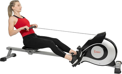 Sunny Health & Fitness Magnetic Rowing Machine with 53.4" Extended Slide Rail, Full-Body Workout, Low-Impact, Ergonomic Full Motion or Premium Water Motion and Optional Exclusive SunnyFit App