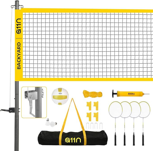 A11N Outdoor Volleyball and Badminton Combo Set - Includes Adjustable Height Anti-Sag Net, Volleyball, Air Pump, 4 Badminton Rackets, 2 Shuttlecocks, Boundary Line Marker, and Carrying Bag