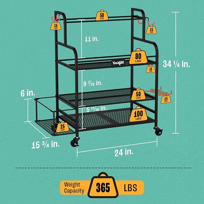 Yes4All All-in-1 Home Gym Storage Rack, Exercise Equipment Organizer - Yoga Mat, Foam Roller, Dumbbells Kettlebells and Weight Rack for Home Gym, Workout Organization Cart with Hooks and Casters