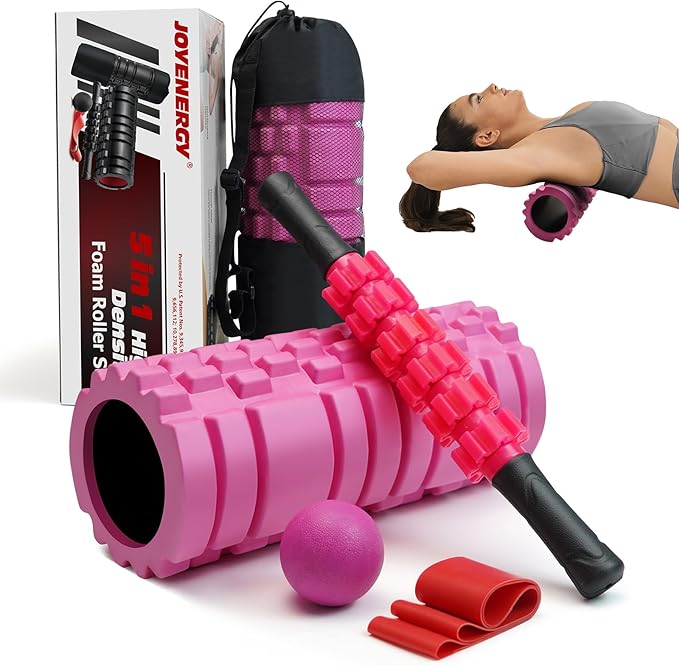 5 in 1 Foam Roller Set, Trigger Point Foam Roller Patented, Massage Stick, Massage Ball, Resistance Band for Deep Muscle Massage Pilates Yoga, Fitness Exercise for Whole Body