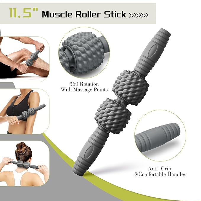 5-in-1 Foam Roller Set, Massage Roller Stick, Massage Ball, Resistance Band for Deep Muscle Massage, Trigger Point Release, Pilates, Yoga (Grey)