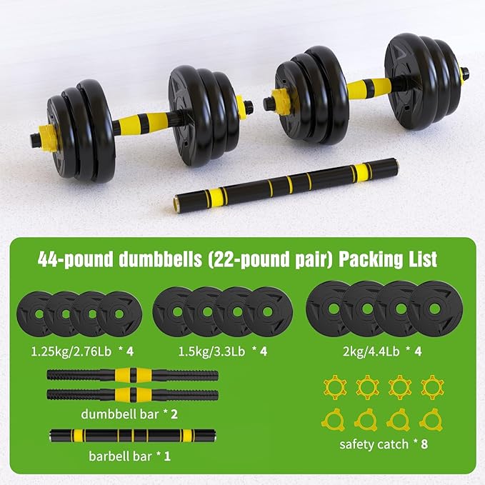 Adjustable Dumbbell Set, 44/66 lb Free Weight Dumbbell Barbell Set with Connectors, Converts to Barbell, for Home Gym Exercise, Women's and Men's Fitness Gear