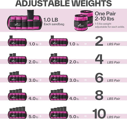 Sportneer Adjustable Ankle Weights 1 Pair 2 4 6 8 10 Lbs Leg Weight Straps for Women Men, Weighted Ankle Weights Set for Gym,Fitness, Workout,Walking, Jogging,1-5 lbs Each Ankle, 1 Pair 2-10 lbs