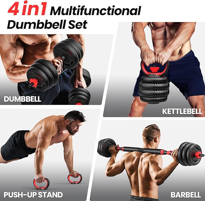 Adjustable dumbbell set, 20/35/55/70lbs Free Weights set with upgraded nut, 4 in 1 Weight Set Used as Kettlebells, Barbell, Push up Stand, Fitness Exercise for Home Gym Suitable Men/Women