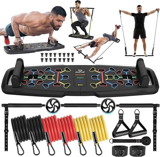 Push Up Board, Foldable Workout Board for Upper Body Push Up Strength Training, Portable Home Gym Resistance Band Board with 16 Gym Accessories for Full Body Workout