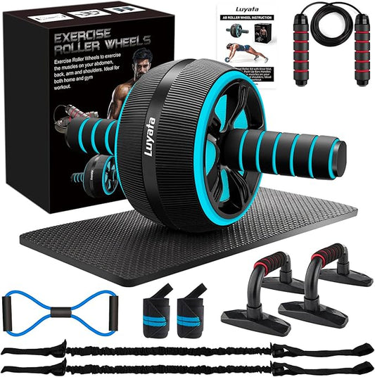 Ab Roller Wheel, 10-In-1 Ab Exercise Wheels Kit with Resistance Bands, Knee Mat, Jump Rope, Push-Up Bar - Home Gym Equipment for Men Women Core Strength & Abdominal Exercise