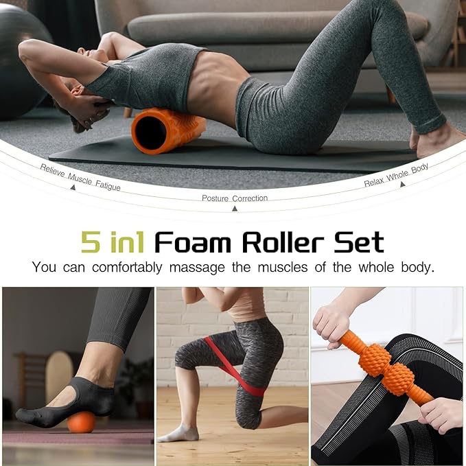 5-in-1 Foam Roller Set, Massage Roller Stick, Massage Ball, Resistance Band for Deep Muscle Massage, Trigger Point Release, Pilates, Yoga (Orange)