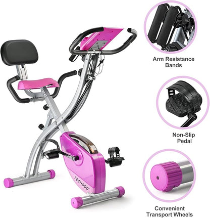 Folding Exercise Bike Portable Upright Adjustable Backrest Cycling Recumbent Stationary Bike Slim Indoor Workout Fitness Cardio Foldable Exercise Bicycle Machine with Pulse Sensor LCD Monitor Arm Resistance Bands