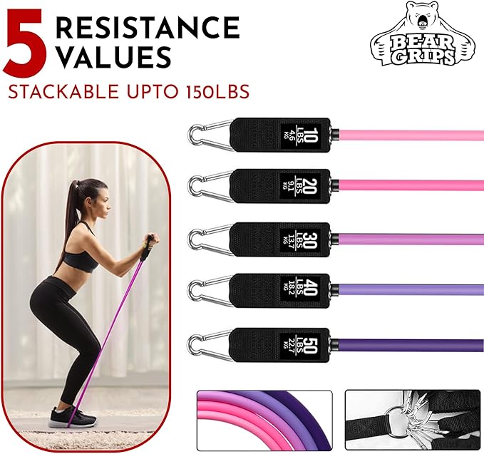 Bear Grips Tube Resistance Bands for Working Out - Home Gym Equipment Exercise Bands with Handles for Women and Men - 11 Pcs Resistance Tubes Workout Set for Yoga Blocks