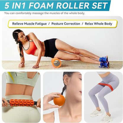 5 in 1 Foam Roller Set for Deep Tissue Muscle Massage, Trigger Point Fitness Exercise Foam Roller, Massage Roller, Massage Ball, Stretching Strap, for Whole Body (Orange Black)