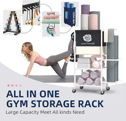 Yoga Mat Storage Rack，Home Gym Storage Rack Gym Workout Equipment Storage Organizer Fitness Weight Rack on Wheels for Yoga Mat,Yoga Block,Foam Roller,Resistance Band,Dumbbell,Kettlebell and Other Workout Accessories